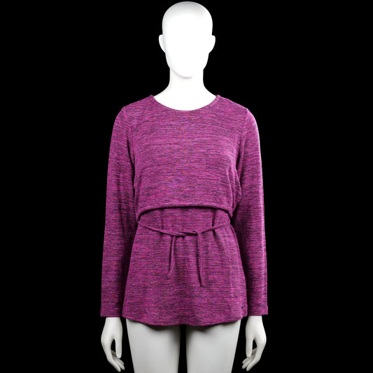 Esprit - Tunic - Purple & Black - Size M - (NEW) - Purple and black heathered long-sleeve top with a round neckline and straight hem. Features a gathered waist with a self-tie belt and a small back keyhole opening.
