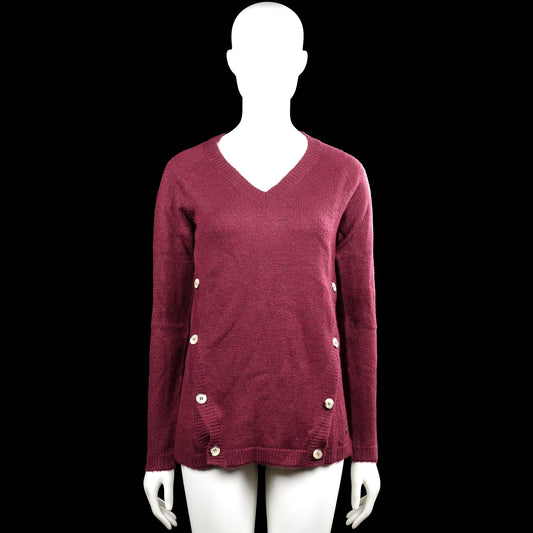 Esprit - Sweater - Burgundy - Size S - (NEW) - Burgundy solid knit top with a V-neck and long sleeves. Features a straight hem and decorative buttons along the sides near the hem.