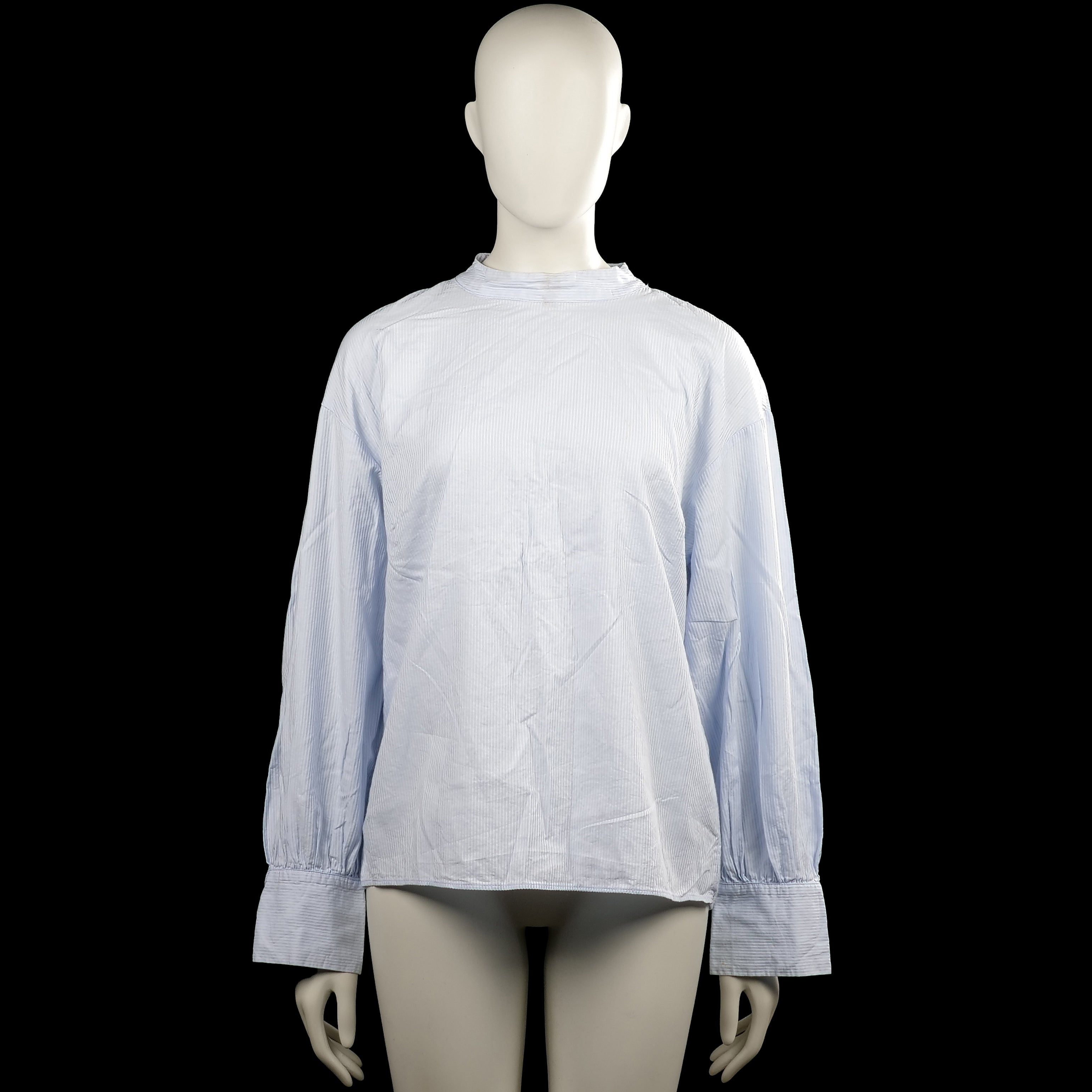 H&M - Blouse - Light Blue & White - Size 38 - Light blue and white pinstripe top with a high neckline and long sleeves. Features a back zipper closure, button cuffs, and a curved hem.