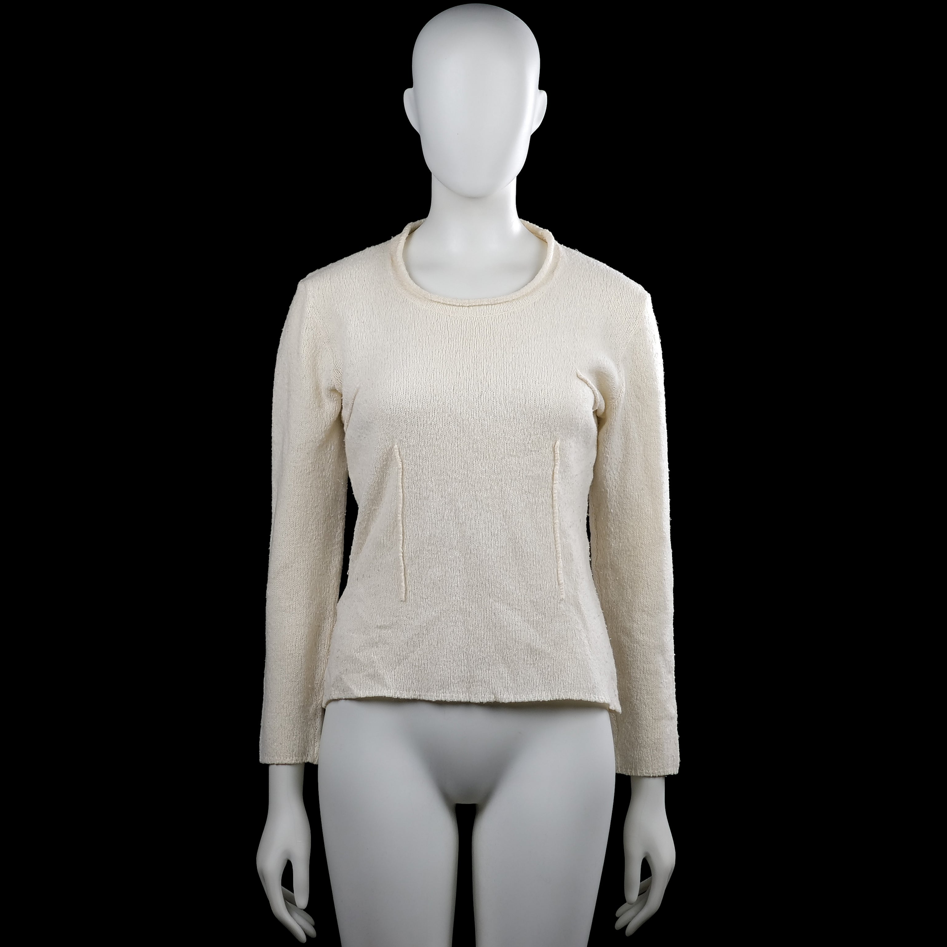 Sweater - Ivory - Size S - Ivory solid long-sleeve top with a round neckline and straight hem. Plain cuffs and visible vertical seam detailing on the front.