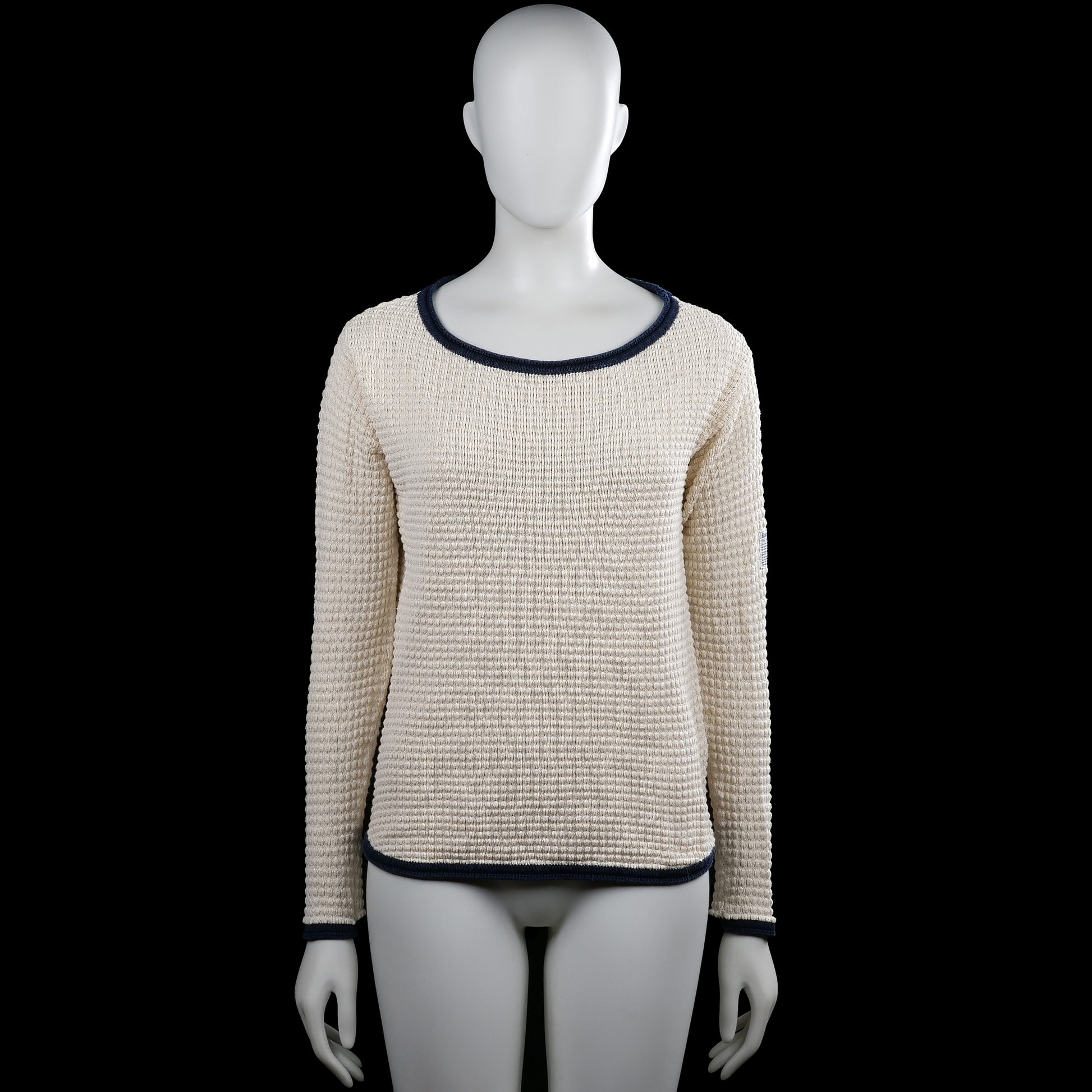 Boomerang - Sweater - Ivory & Navy - Size XS - Ivory long-sleeve top with a round neckline and navy trim at the neck, cuffs, and hem. Solid fabric with a curved hem and no visible closures.