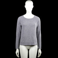 Sweater - Gray - Size L - Gray solid ribbed knit top with a round neckline and long sleeves. Straight hem with side slits and plain cuffs.