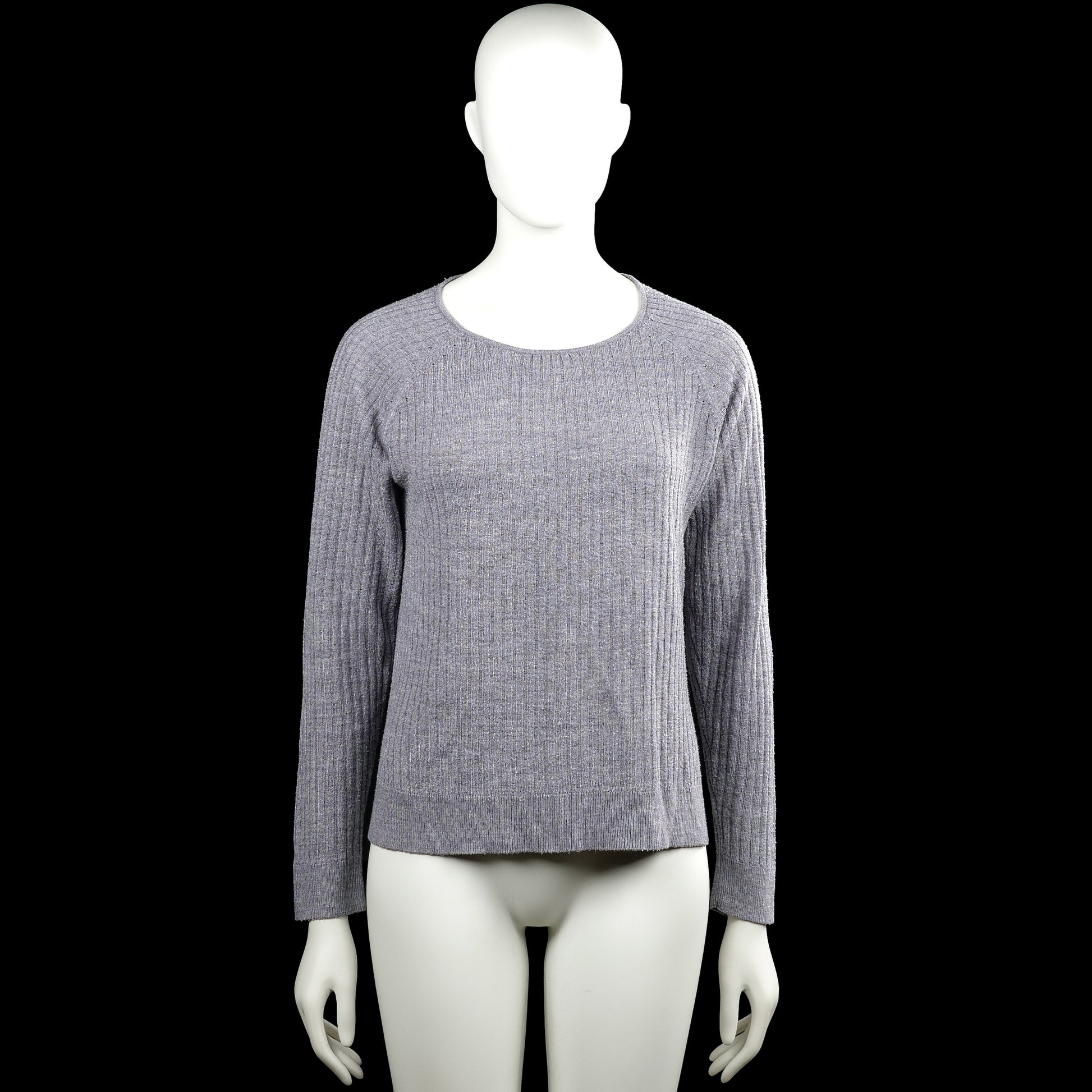 Sweater - Gray - Size L - Gray solid ribbed knit top with a round neckline and long sleeves. Straight hem with side slits and plain cuffs.