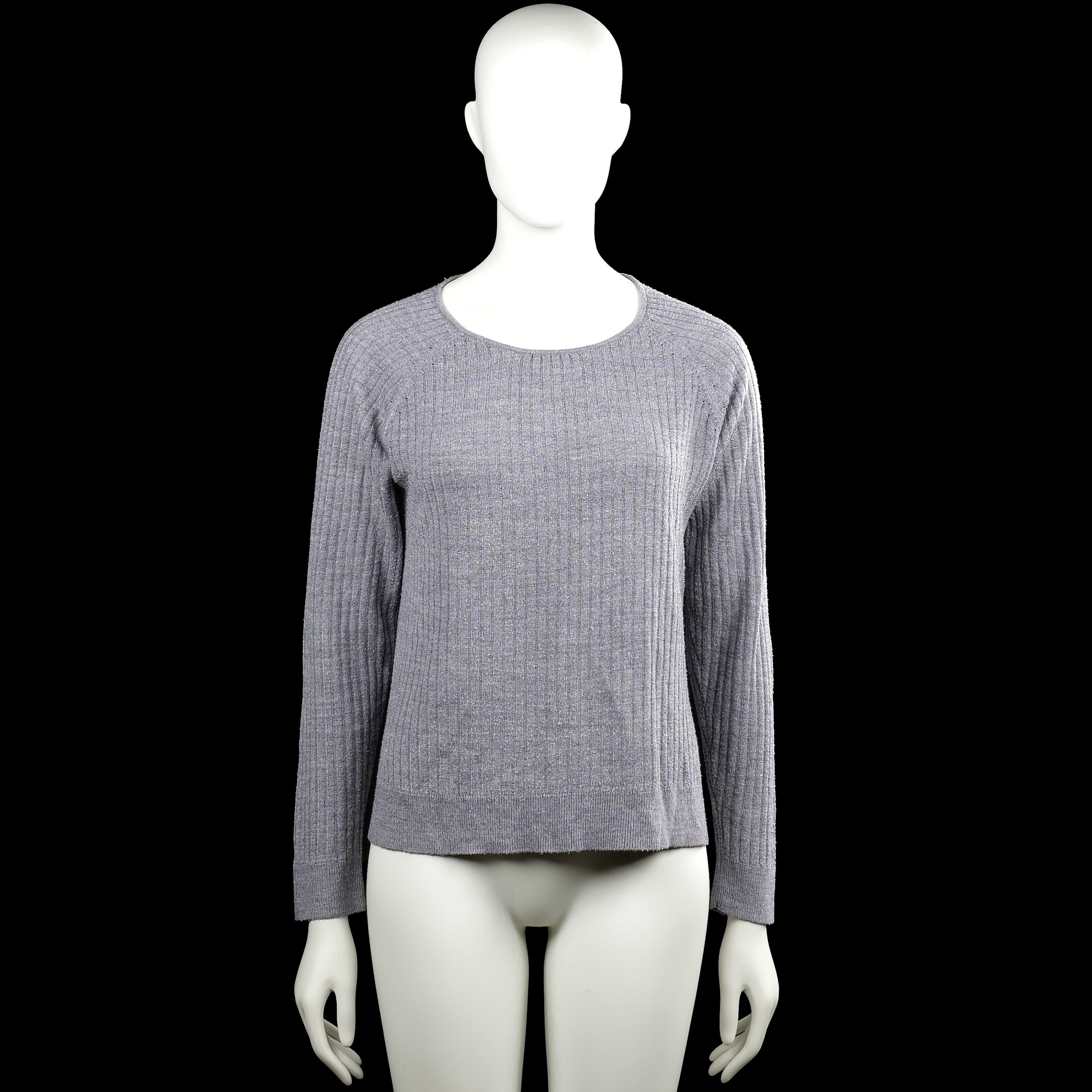 Sweater - Gray - Size L - Gray solid ribbed knit top with a round neckline and long sleeves. Straight hem with side slits and plain cuffs.