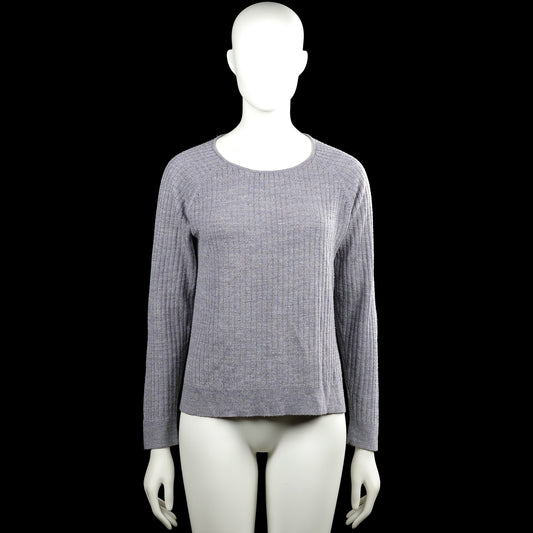 Sweater - Gray - Size L - Gray solid ribbed knit top with a round neckline and long sleeves. Straight hem with side slits and plain cuffs.