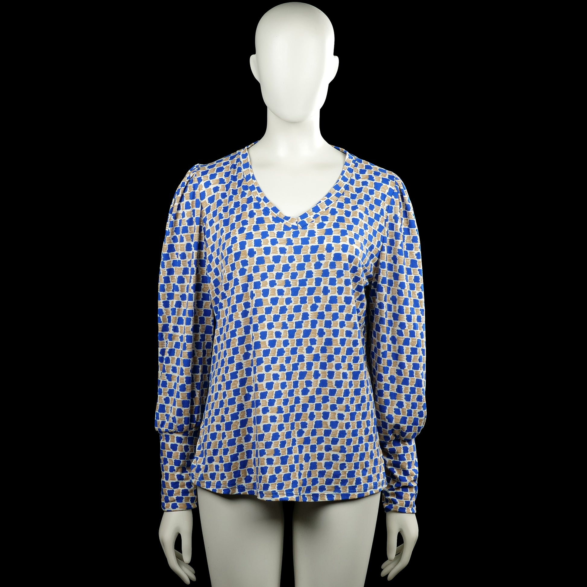 Soultouch - Long-sleeve top - Royal Blue & Beige - Size L, XL - Royal blue and beige checked top with a V-neckline and long sleeves. Straight hem and plain cuffs with gathered shoulders.