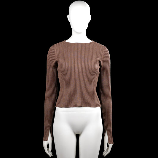 Samsa - Sweater - Brown - Size M - Brown solid ribbed top with a boat neck and long sleeves. Features plain cuffs and a straight hem.