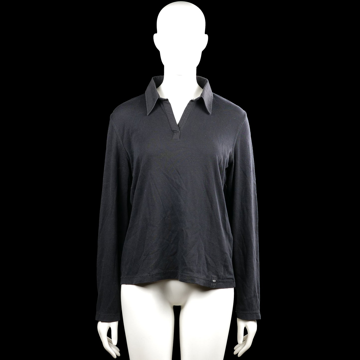 Cecil - Polo - Black - Size L - Black solid long-sleeve top with a polo collar and a V-notch opening at the front. Straight hem and plain cuffs.