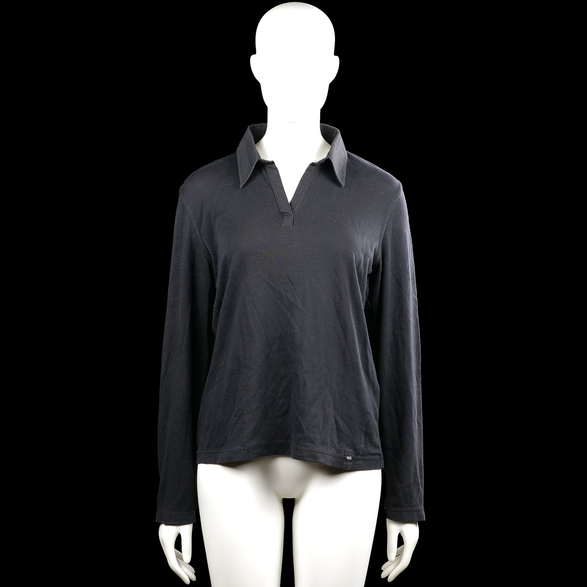 Cecil - Polo - Black - Size L - Black solid long-sleeve top with a polo collar and a V-notch opening at the front. Straight hem and plain cuffs.
