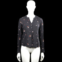 Clockhouse - Blouse - Black - Size 36 - Black floral long-sleeve blouse with a round neckline and a partial button placket at the front. Curved hem and button cuffs.