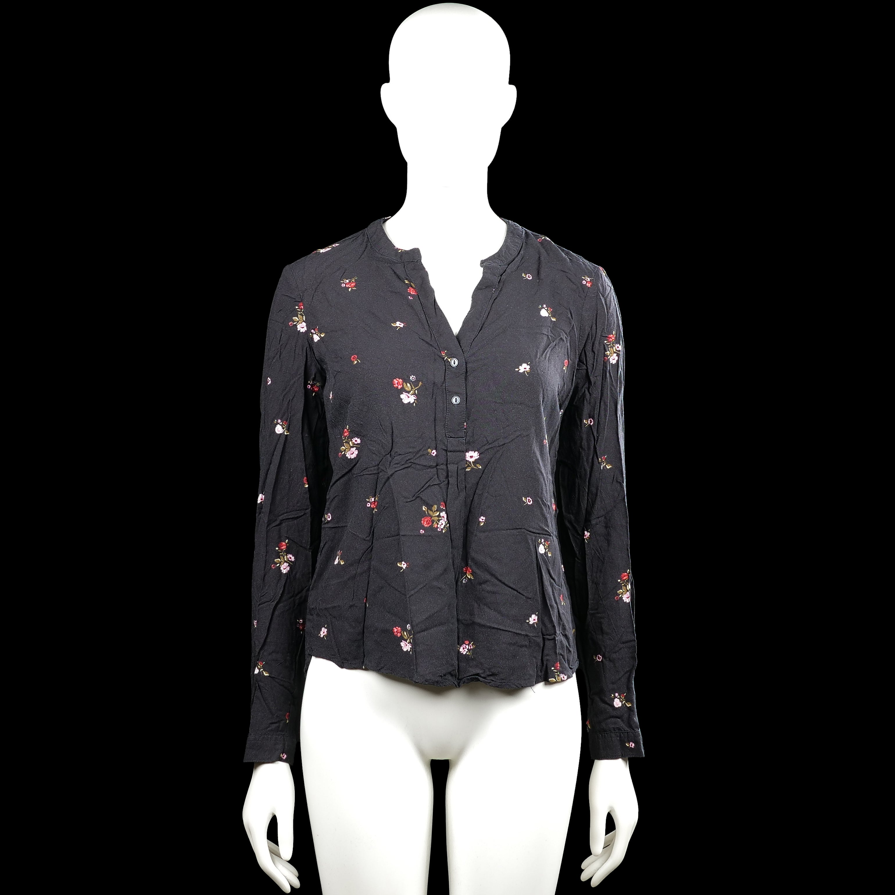 Clockhouse - Blouse - Black - Size 36 - Black floral long-sleeve blouse with a round neckline and a partial button placket at the front. Curved hem and button cuffs.
