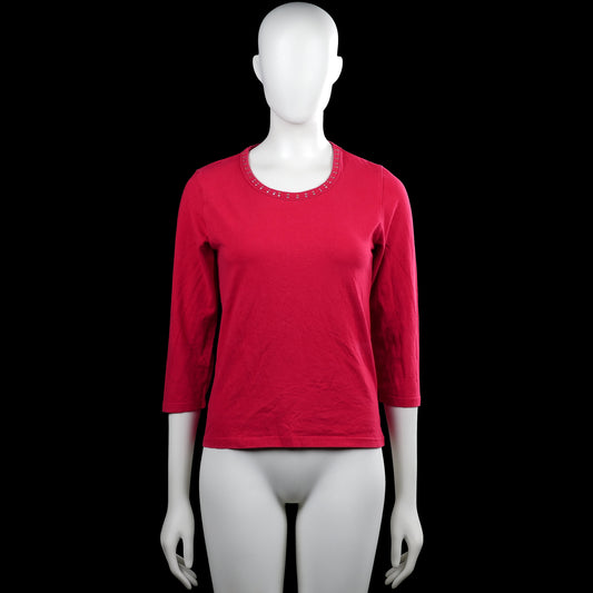 Micha - Long-sleeve top - Red - Size S - Red solid top with a round neckline featuring small studs around the neck. Three-quarter sleeves with plain cuffs and a straight hem.