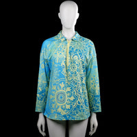 Tunic - Turquoise & Beige - Size XL - Turquoise and beige printed top with a classic collar and a partial zip closure at the front. Long sleeves with plain cuffs and a straight hem.