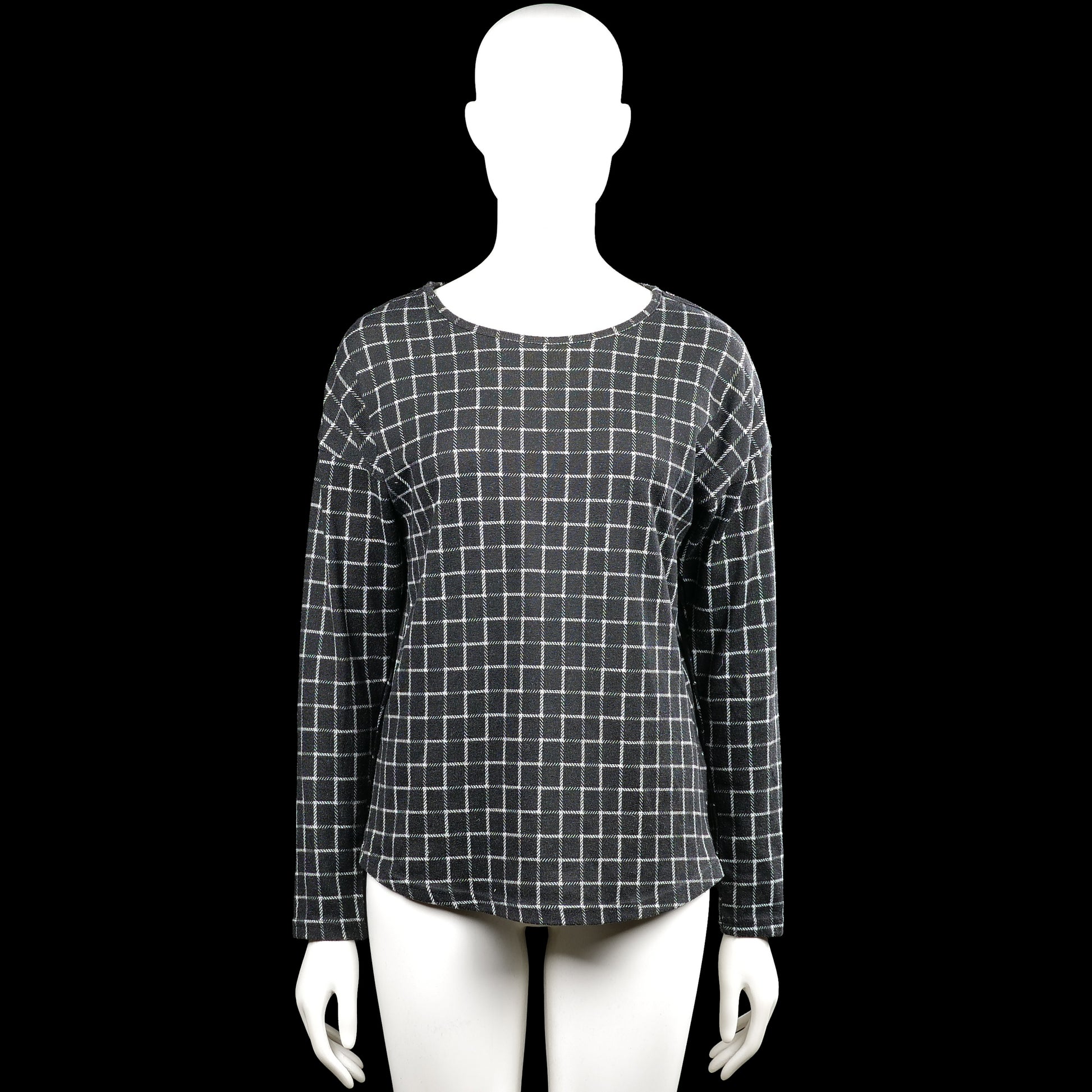 In shape - Long-sleeve top - Charcoal & White - Size S - Charcoal and white checked top with a boat neck and long sleeves. Features plain cuffs, a curved hem, and button detailing along the shoulder.