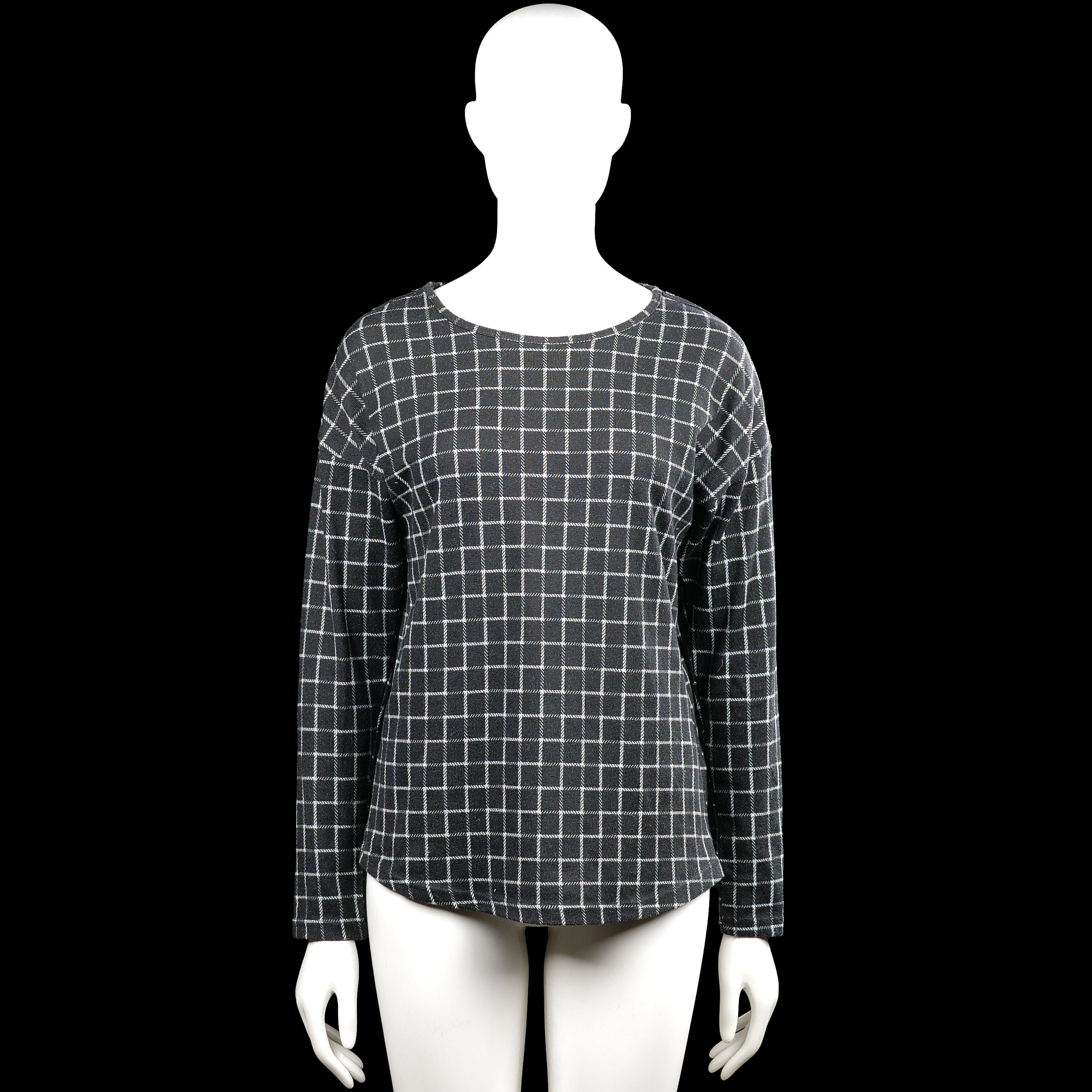 In shape - Long-sleeve top - Charcoal & White - Size S - Charcoal and white checked top with a boat neck and long sleeves. Features plain cuffs, a curved hem, and button detailing along the shoulder.