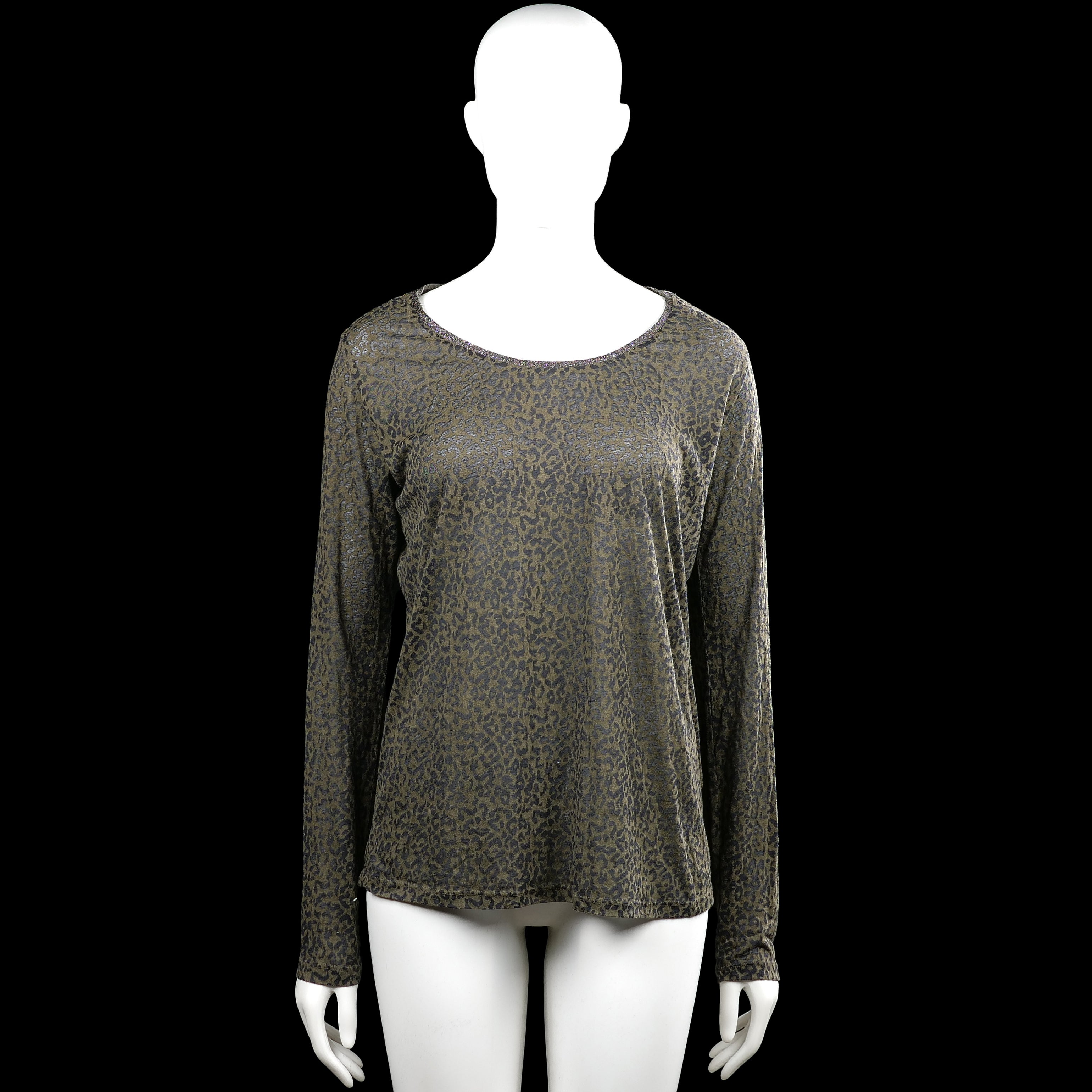 Maison Scotch - Long-sleeve top - Olive & Dark Gray - Size L - Olive and dark gray leopard-pattern top with a scoop neck and long sleeves. Straight hem and plain cuffs.