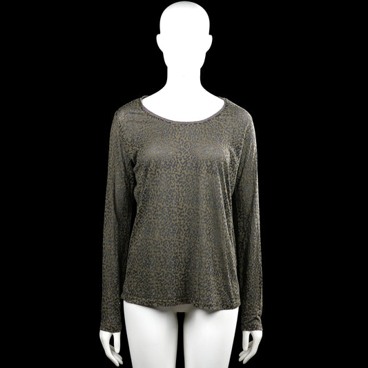 Maison Scotch - Long-sleeve top - Olive & Dark Gray - Size L - Olive and dark gray leopard-pattern top with a scoop neck and long sleeves. Straight hem and plain cuffs.
