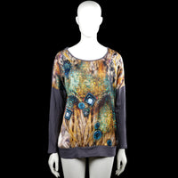 Poools - Long-sleeve top - Multicolored - Size XXL - Multicolored printed top with a scoop neckline and long sleeves. Features plain cuffs and a straight hem with a solid dark gray back panel.