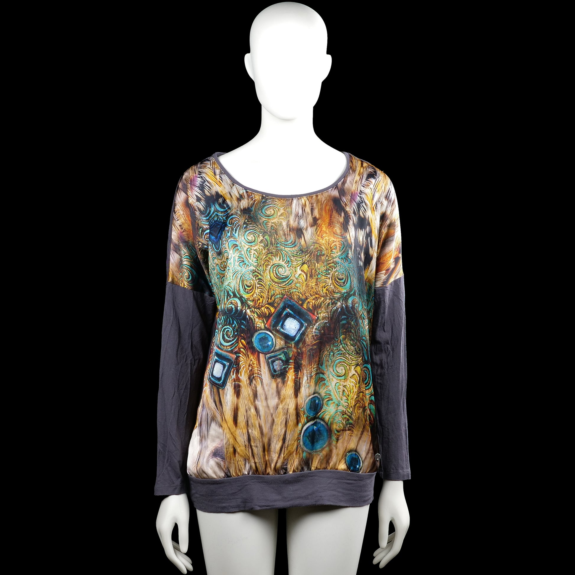 Poools - Long-sleeve top - Multicolored - Size XXL - Multicolored printed top with a scoop neckline and long sleeves. Features plain cuffs and a straight hem with a solid dark gray back panel.