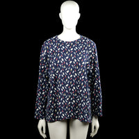 Xin da - Tunic - Navy & White - Size XXL, XXXL - Navy long-sleeve top with a round neckline and an all-over white, red, and yellow print. Straight hem and plain sleeve cuffs.