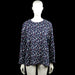 Xin da - Tunic - Navy & White - Size XXL, XXXL - Navy long-sleeve top with a round neckline and an all-over white, red, and yellow print. Straight hem and plain sleeve cuffs.