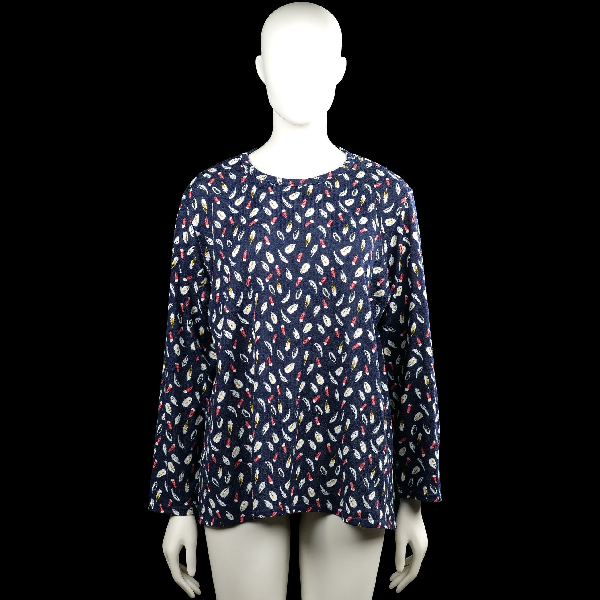 Xin da - Tunic - Navy & White - Size XXL, XXXL - Navy long-sleeve top with a round neckline and an all-over white, red, and yellow print. Straight hem and plain sleeve cuffs.