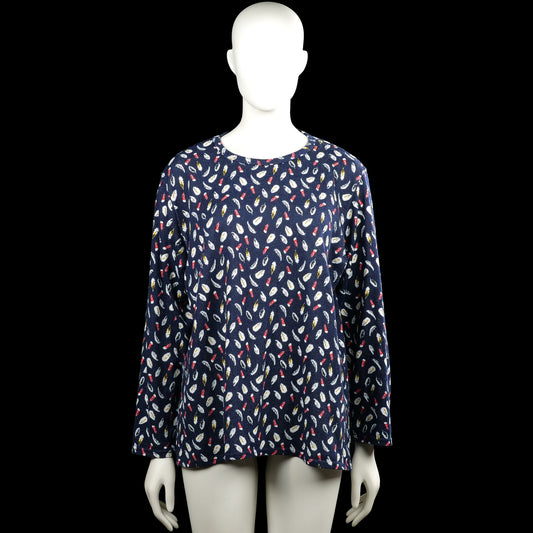 Xin da - Tunic - Navy & White - Size XXL, XXXL - Navy long-sleeve top with a round neckline and an all-over white, red, and yellow print. Straight hem and plain sleeve cuffs.