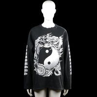 Sweatshirt - Black & White - Size L - Black long-sleeve top with a round neck and straight hem. Features a large white graphic print on the front and back with additional white prints along the sleeves.