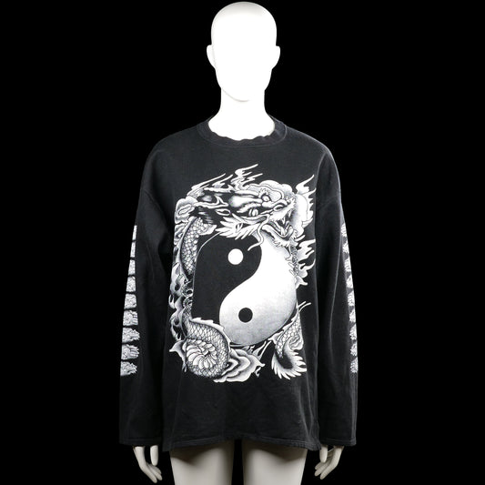Sweatshirt - Black & White - Size L - Black long-sleeve top with a round neck and straight hem. Features a large white graphic print on the front and back with additional white prints along the sleeves.