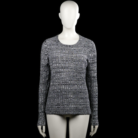 Jake's - Sweater - Gray & Black - Size M - Gray and black checked top with a scoop neckline and long sleeves. Straight hem with plain cuffs.