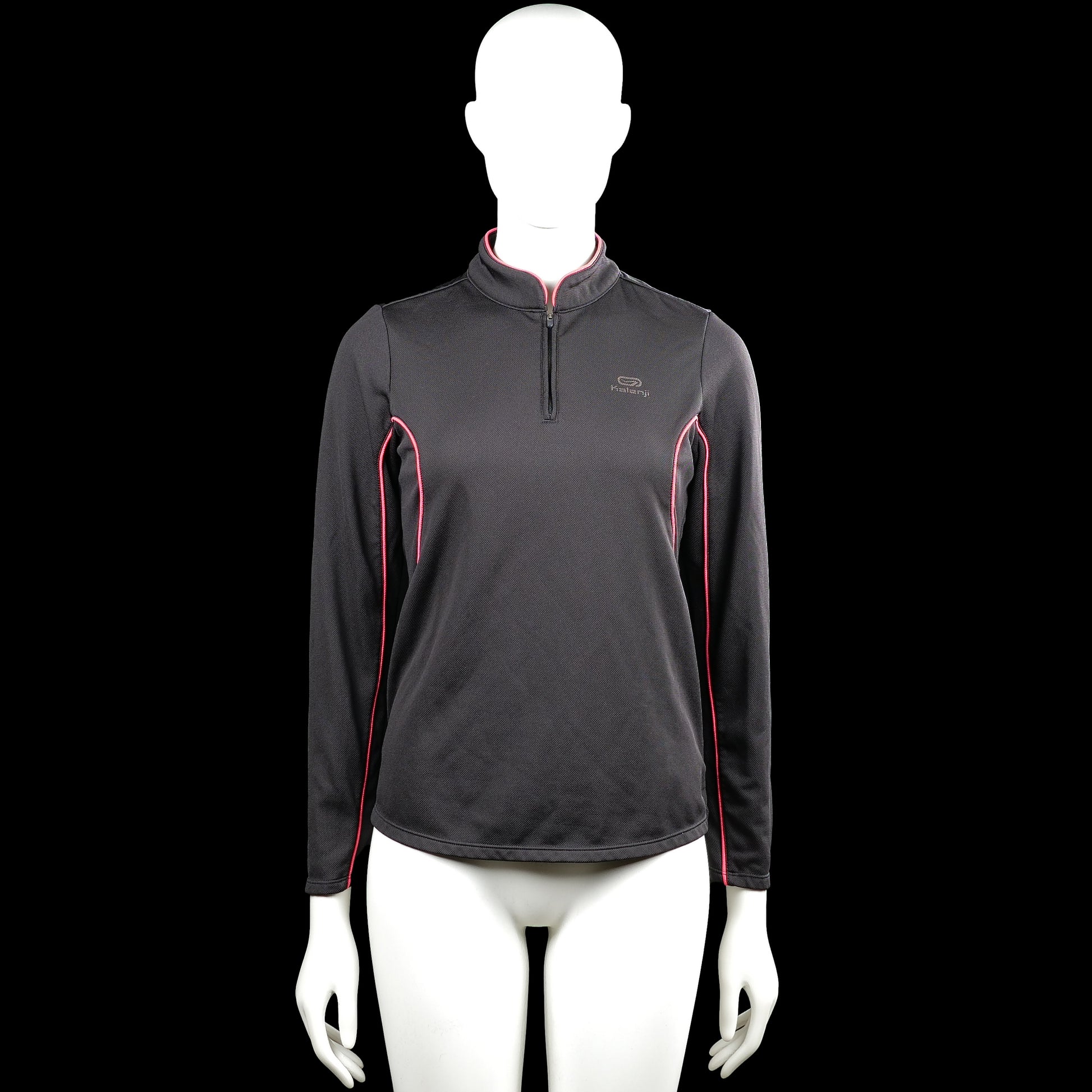 Decathlon creation - Sports top - Charcoal & Pink - Size 40 - Charcoal solid long-sleeve top with a high neck and short front zip closure. Pink contrast piping and plain cuffs with a straight hem.