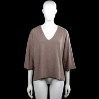Part two - Sweater - Taupe - Size M - Taupe solid top with a V-neckline and three-quarter sleeves. Features side slits at the hem and plain cuffs.