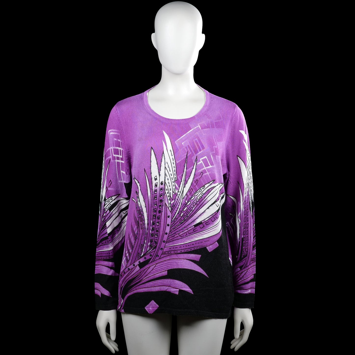 Long-sleeve top - Purple & Black - Size 42 - Purple and black long-sleeve top with a round neckline and straight hem. Features an abstract white and purple printed design with plain cuffs.