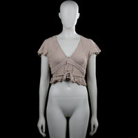 Melville - Blouse - Taupe - Size S - Taupe solid top with a V-neck and short flutter sleeves. Features a tie belt at the waist and a ruffled hem.