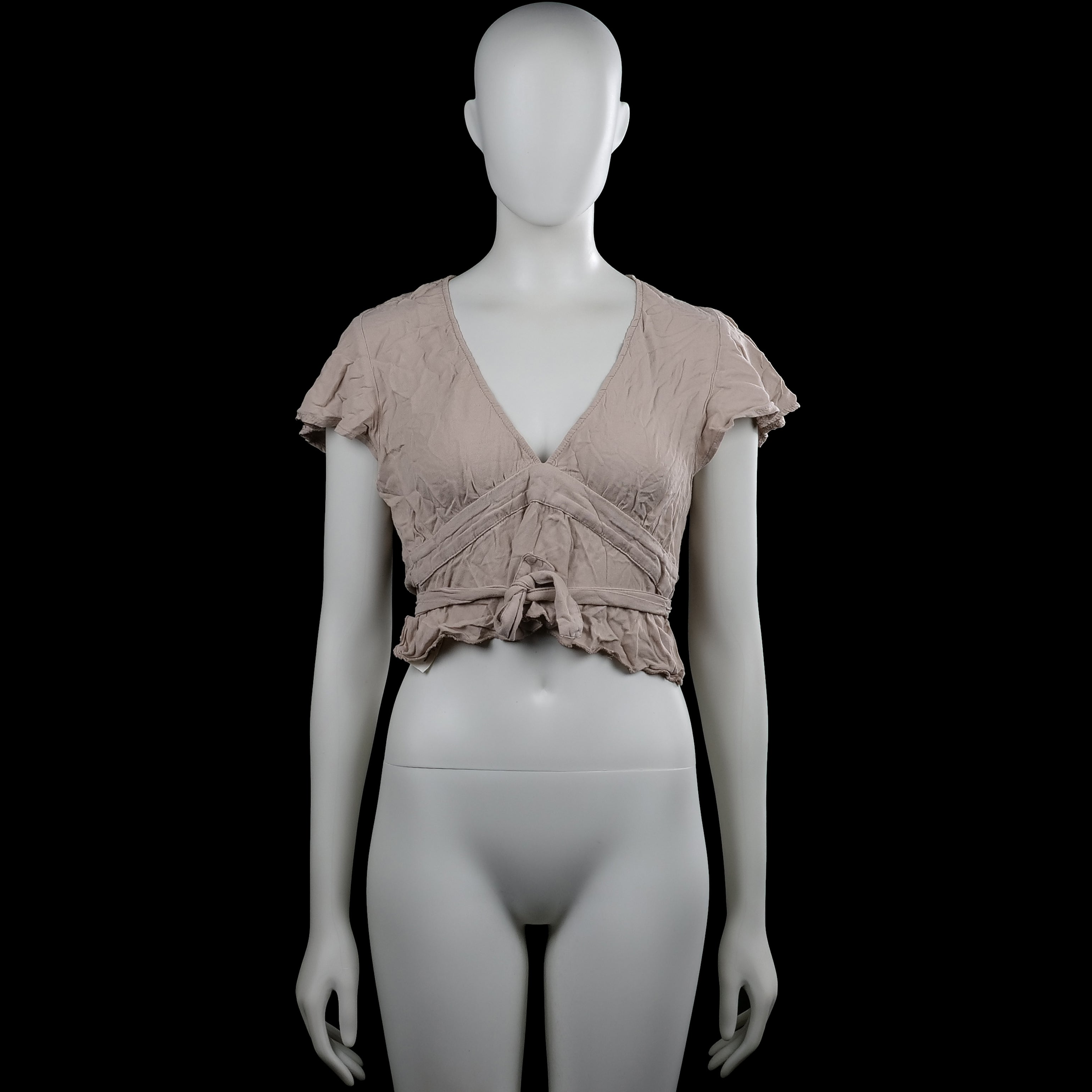 Melville - Blouse - Taupe - Size S - Taupe solid top with a V-neck and short flutter sleeves. Features a tie belt at the waist and a ruffled hem.