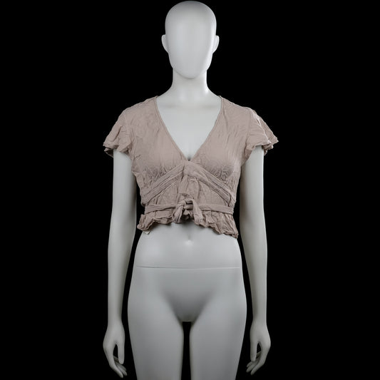 Melville - Blouse - Taupe - Size S - Taupe solid top with a V-neck and short flutter sleeves. Features a tie belt at the waist and a ruffled hem.
