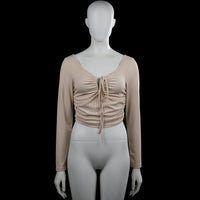 Shein - Long-sleeve top - Beige - Size S - Beige solid long-sleeve top with a scoop neckline and a ruched front with tie detail. Straight hem and plain cuffs.