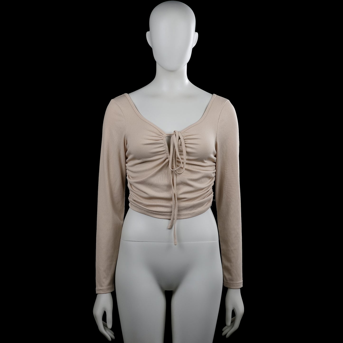 Shein - Long-sleeve top - Beige - Size S - Beige solid long-sleeve top with a scoop neckline and a ruched front with tie detail. Straight hem and plain cuffs.