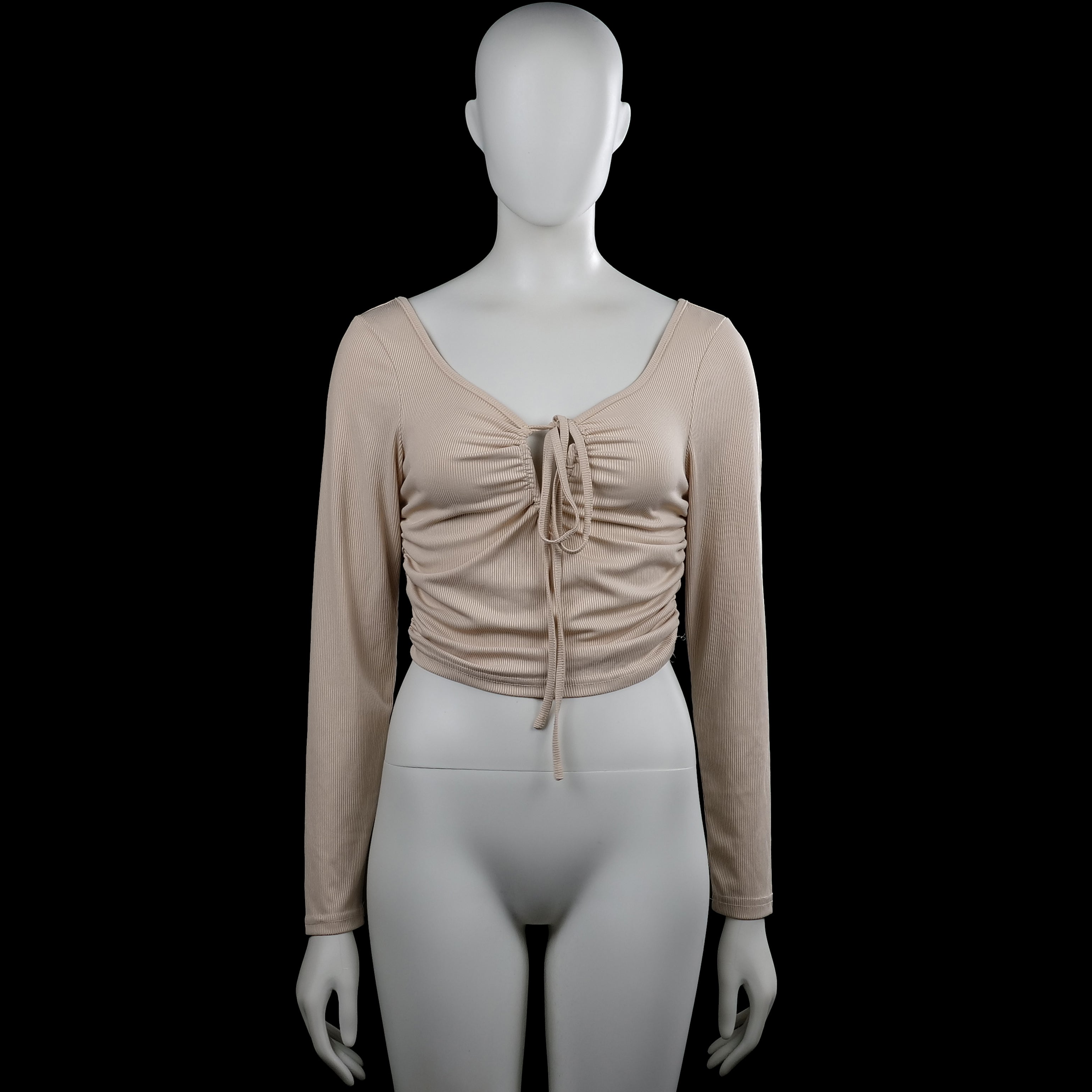 Shein - Long-sleeve top - Beige - Size S - Beige solid long-sleeve top with a scoop neckline and a ruched front with tie detail. Straight hem and plain cuffs.