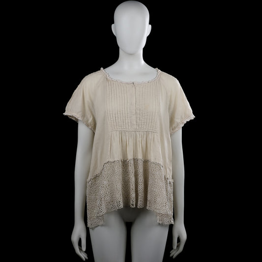 Raselbud - Tunic - Ivory - Size M - Ivory solid short-sleeve top with a scoop neckline and lace trim at the neckline and sleeve hems. Features pintuck pleats on the front and a high-low hem with a lace panel at the bottom.