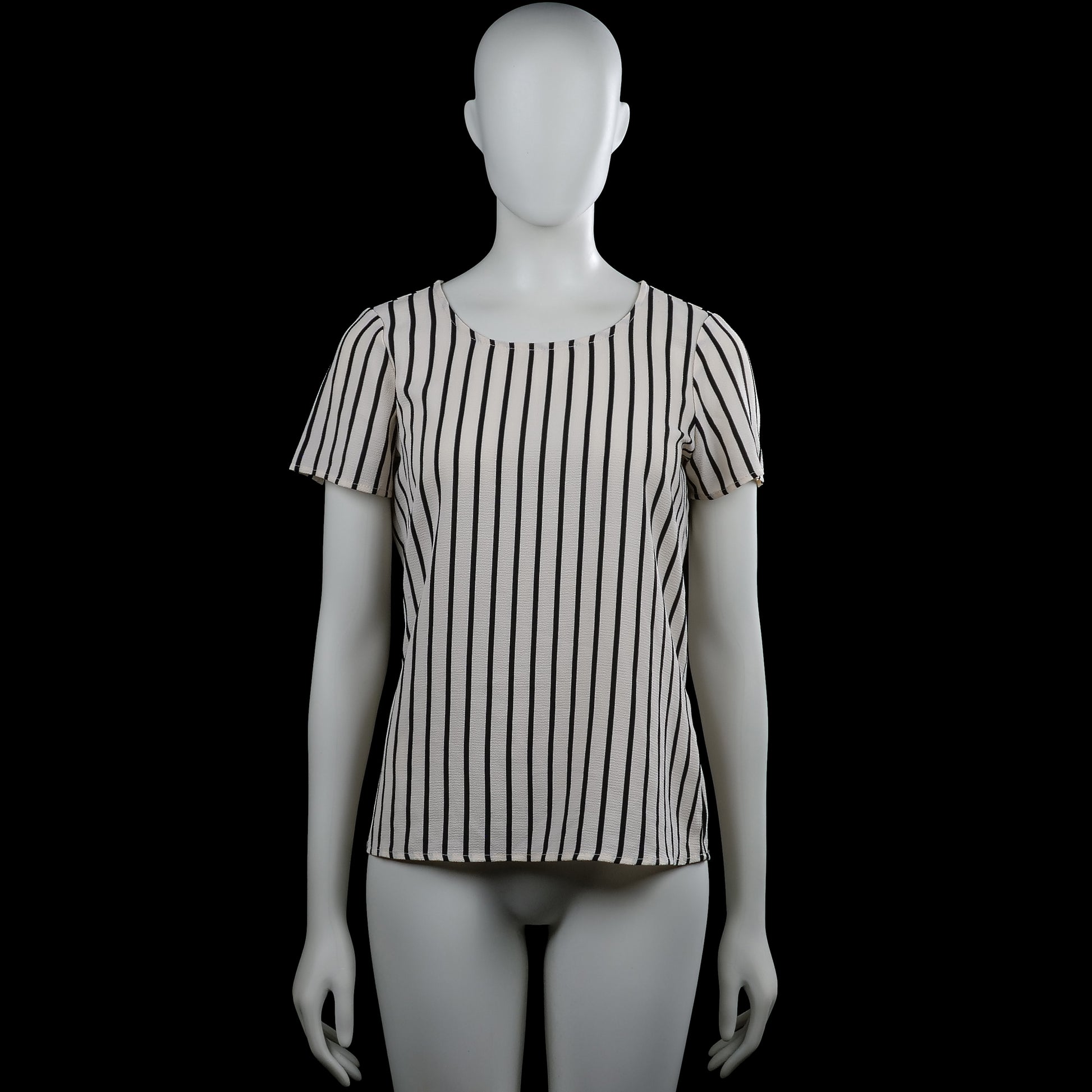Vero Moda - T-shirt - White & Black - Size XS - White top with black vertical stripes and a round neckline. Short sleeves with plain cuffs and a straight hem, with a visible back zipper closure.
