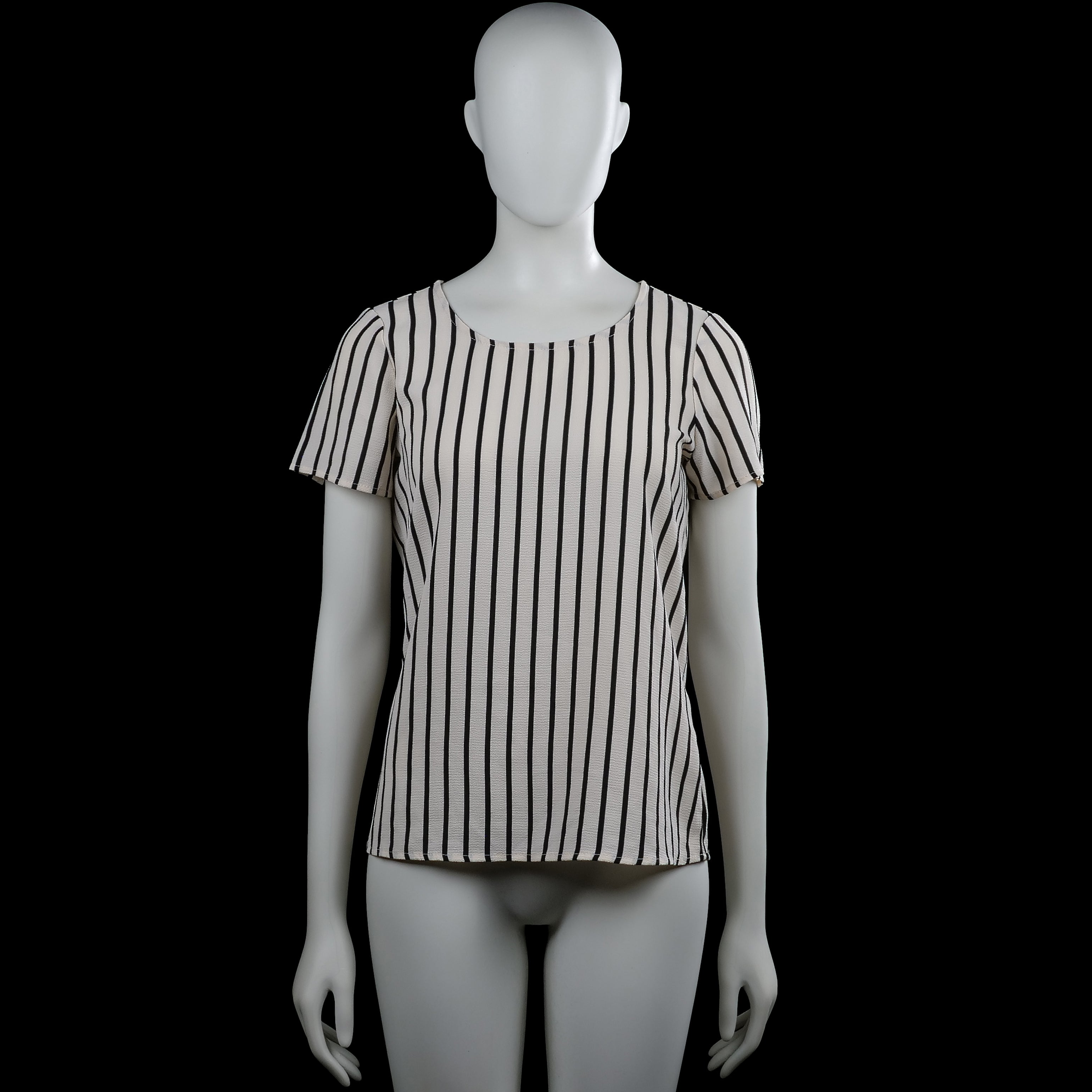 Vero Moda - T-shirt - White & Black - Size XS - White top with black vertical stripes and a round neckline. Short sleeves with plain cuffs and a straight hem, with a visible back zipper closure.