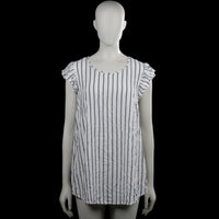 Gina mama - Tunic - White & Gray - Size 38 - White and gray vertically striped top with a scoop neckline and short ruffle sleeves. Features a curved hem and a small back keyhole opening with a button closure.