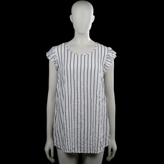 Gina mama - Tunic - White & Gray - Size 38 - White and gray vertically striped top with a scoop neckline and short ruffle sleeves. Features a curved hem and a small back keyhole opening with a button closure.