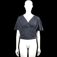 Shein - Blouse - Navy - Size XL - Navy solid top with a V-neck wrap-style front and short flutter sleeves. Elasticated hem with gathered detailing at the waist.
