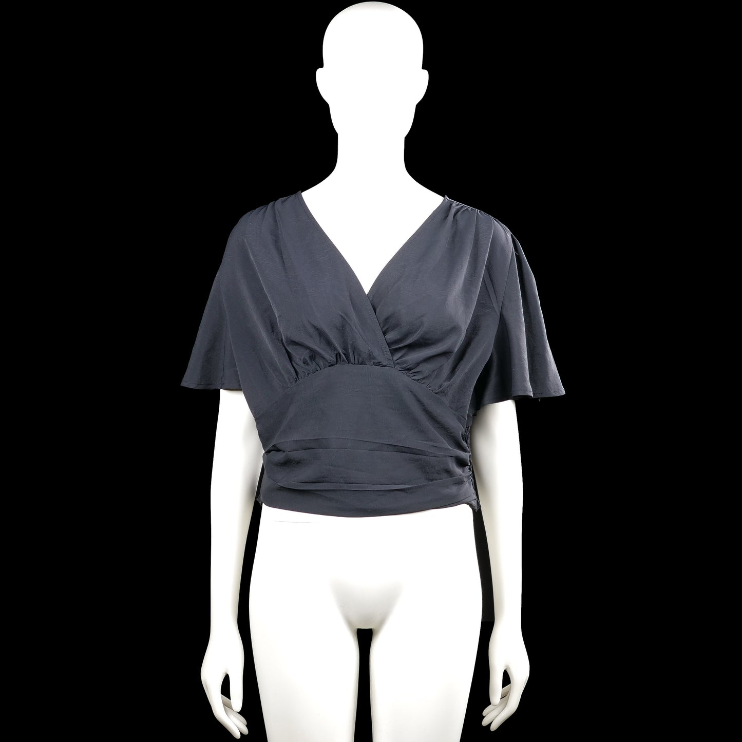 Shein - Blouse - Navy - Size XL - Navy solid top with a V-neck wrap-style front and short flutter sleeves. Elasticated hem with gathered detailing at the waist.