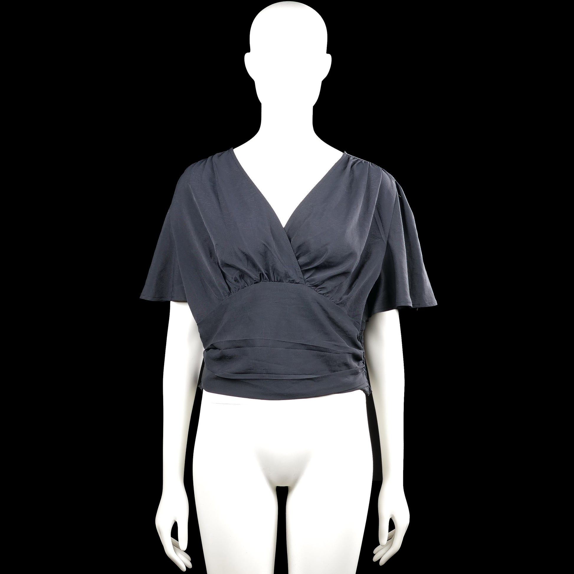 Shein - Blouse - Navy - Size XL - Navy solid top with a V-neck wrap-style front and short flutter sleeves. Elasticated hem with gathered detailing at the waist.