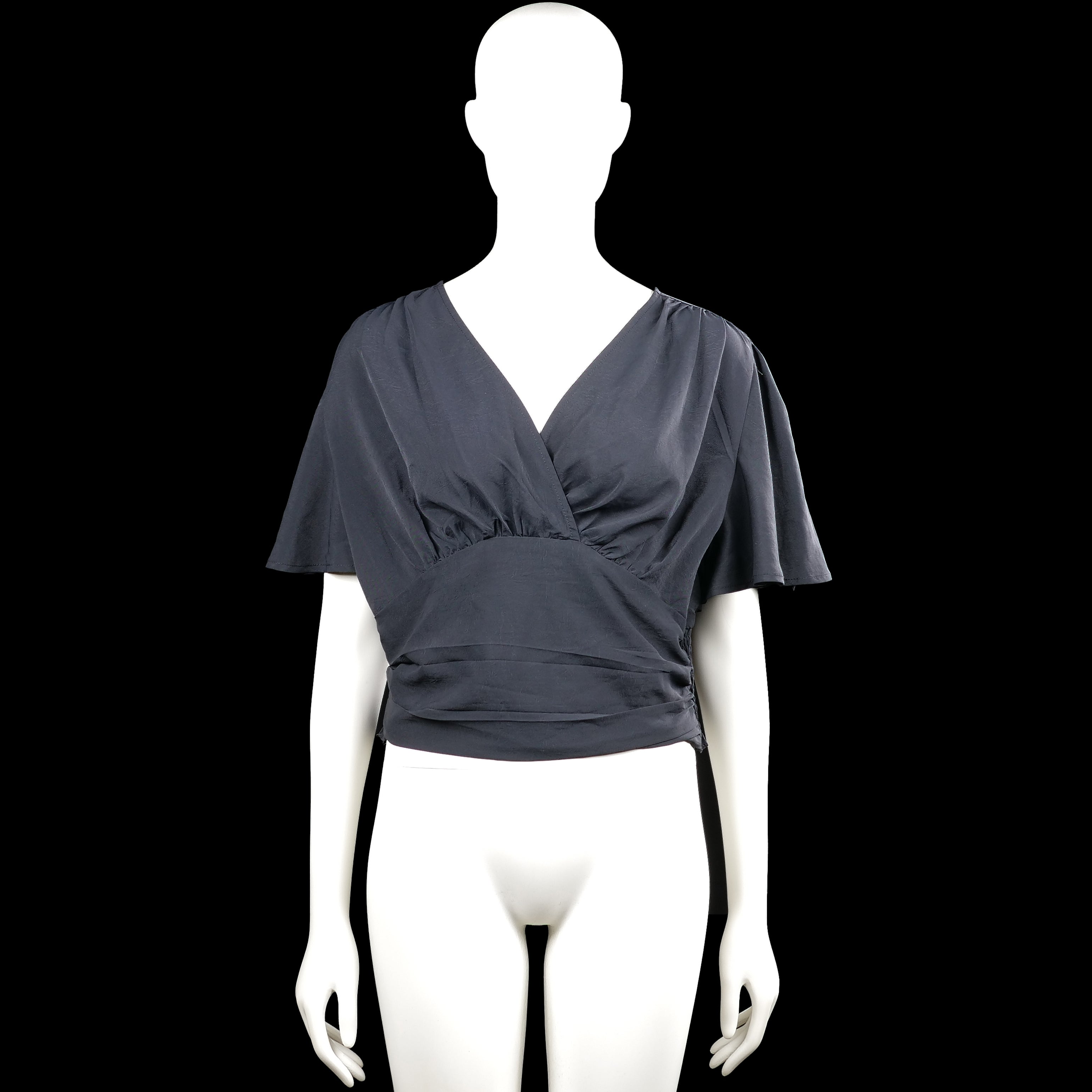 Shein - Blouse - Navy - Size XL - Navy solid top with a V-neck wrap-style front and short flutter sleeves. Elasticated hem with gathered detailing at the waist.