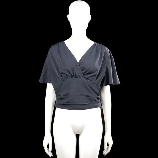 Shein - Blouse - Navy - Size XL - Navy solid top with a V-neck wrap-style front and short flutter sleeves. Elasticated hem with gathered detailing at the waist.
