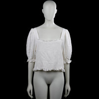 H&M - Blouse - White - Size XL - White solid smocked top with a squared neckline and three-quarter puff sleeves. Features elastic cuffs and a ruffled hem, with a back tie at the neckline.